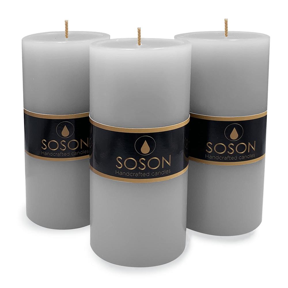 Simply Soson Premium 3x6 Inch Grey Pillar Candles Set of 3 - Unscented Candles - Large Candle for Candle Holders Velas Decorativ