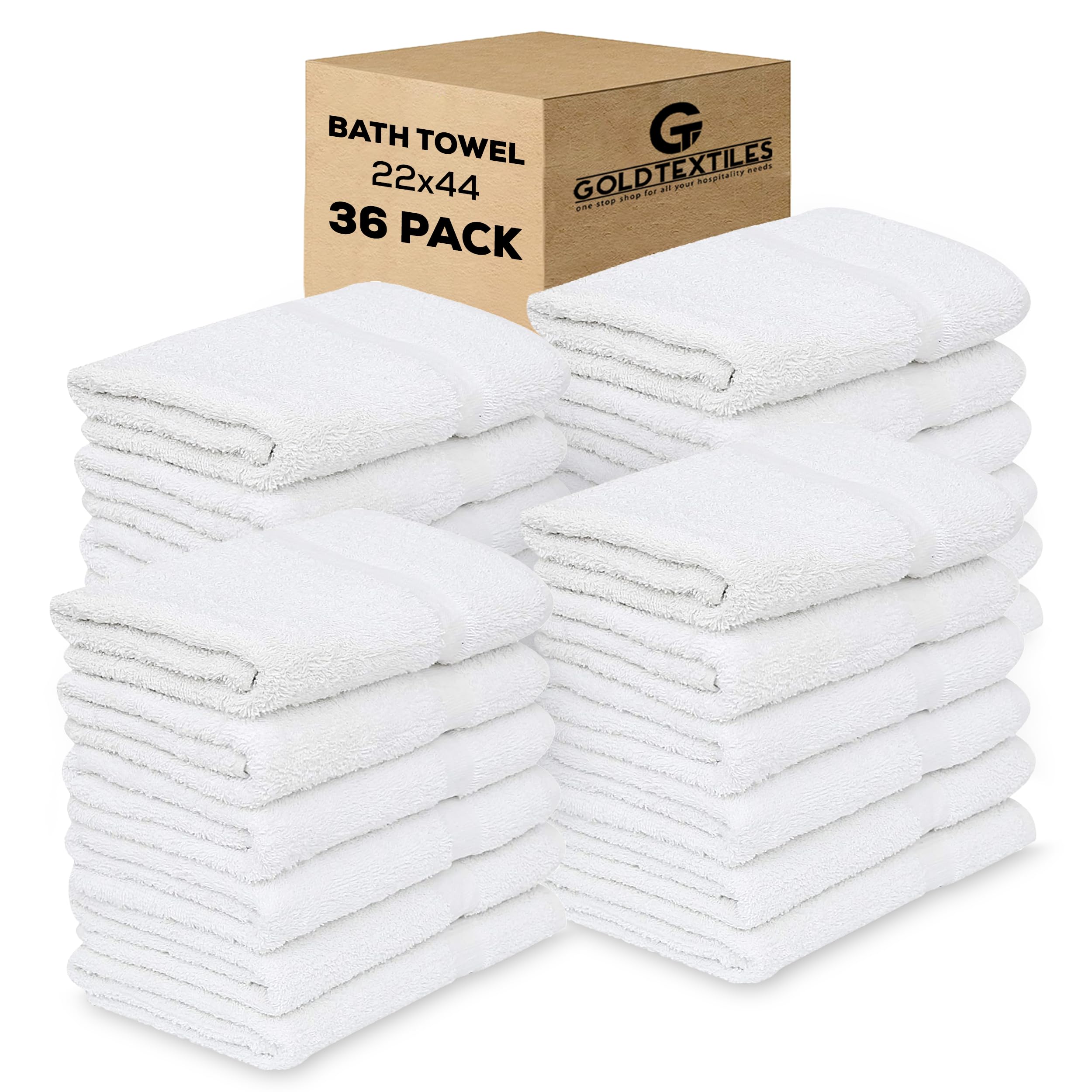 GOLD TEXTILES Bulk Bath Towels White 36 Pack (22x44 Inches) Economy Light Weight Easycare
