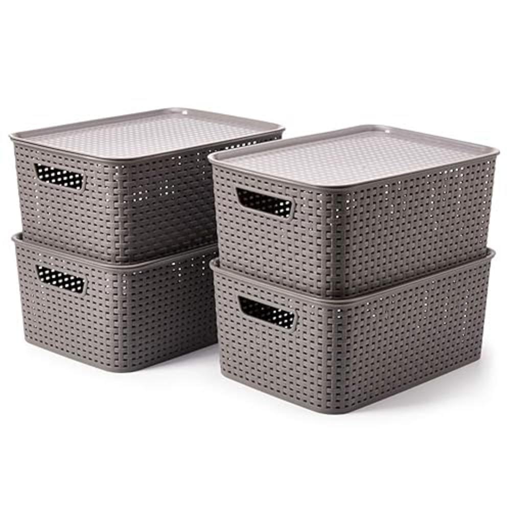 EZOWare Set of 4 Lidded Storage Bins, Large Plastic Stackable Weaving Wicker Organizing Basket Box Containers with Lid and Handl