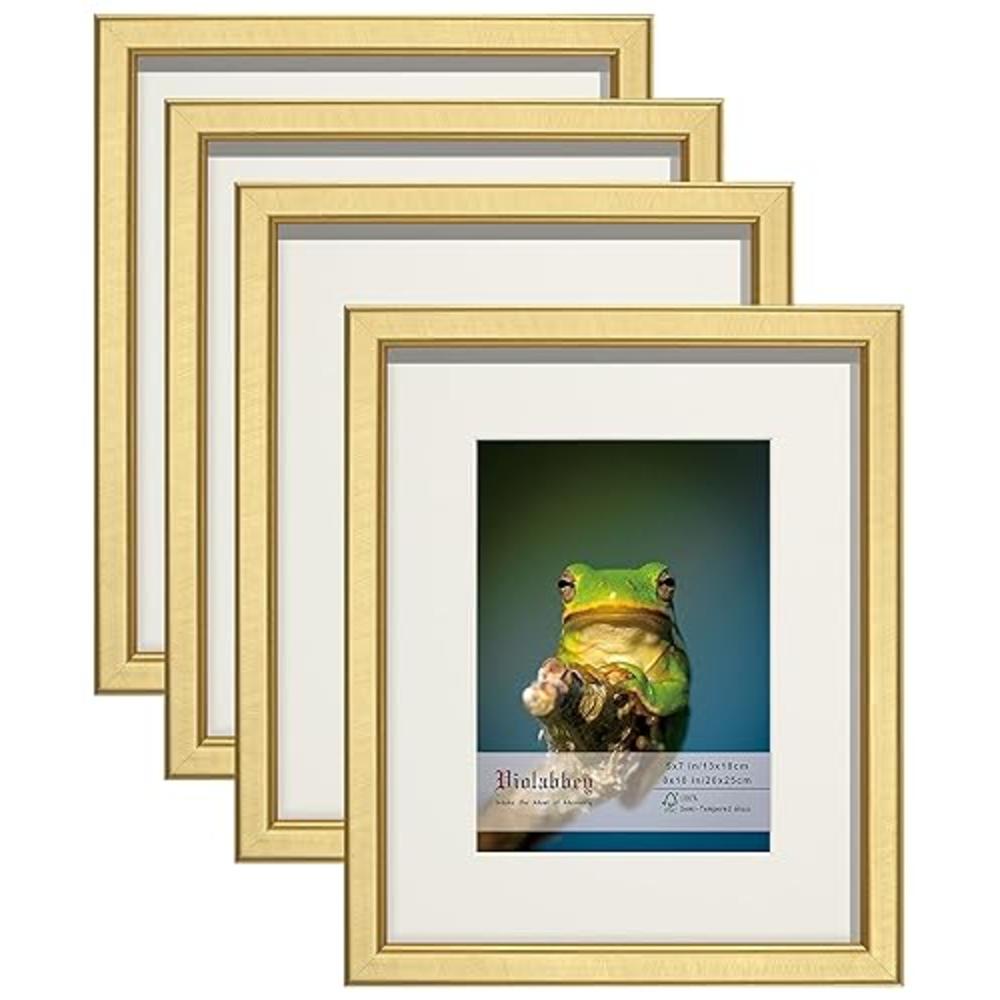 Violabbey 8x10 Picture Frame Gold Set of 4, Photo frame for 5x7 Pictures with Mat or 8x10 without Mat, HD Real Glass, Vertical o