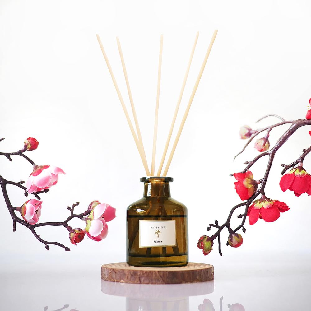 PRISTINE Cherry Blossom Flower Reed Diffuser for Home | Smokey Sakura Oil Diffuser & Reed Diffuser Sticks with Essential Oil Ree