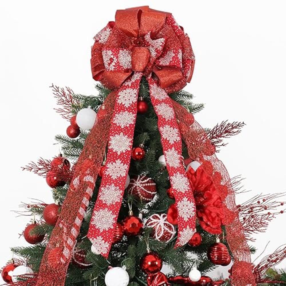 TBD DECOR Christmas Tree Topper, 32x12 Inches Large Toppers Single Sided Bow with Glitter Satin Mesh Streamer, Red Christmas Tree Topper f