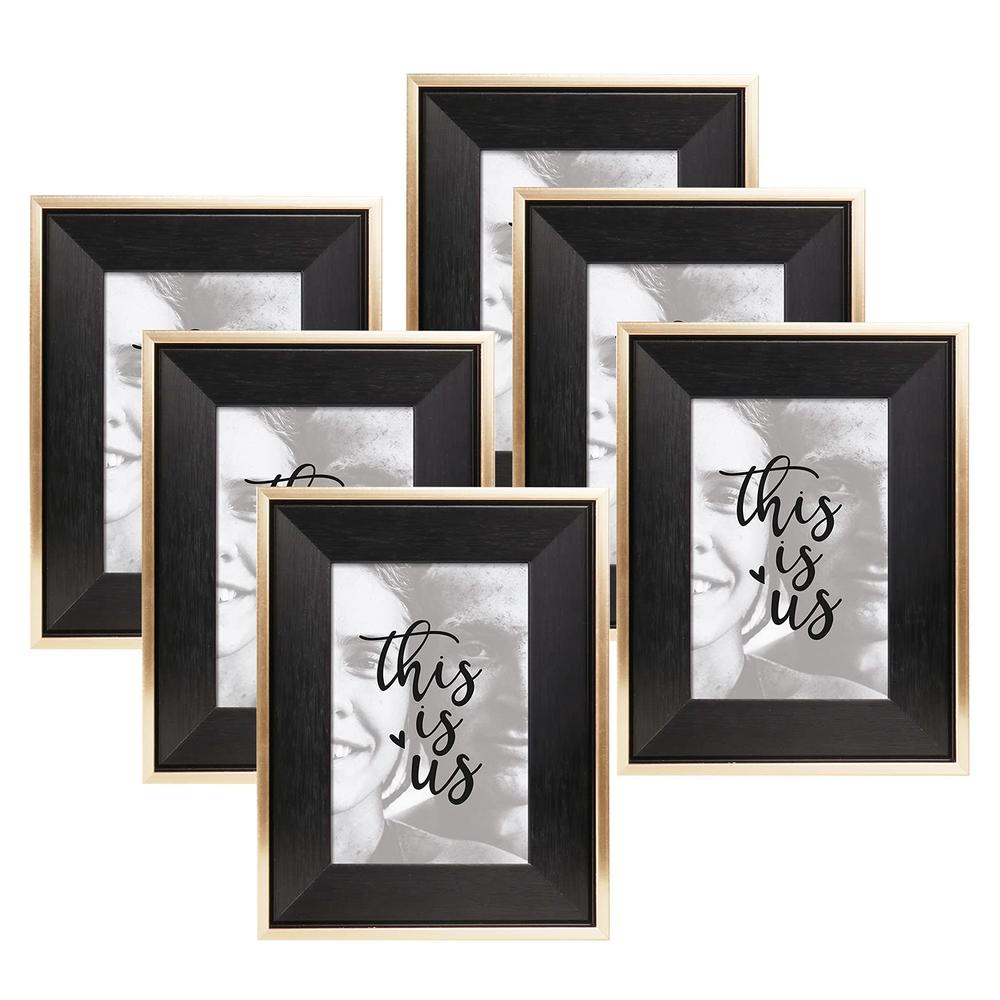 ArtbyHannah 6 Pack 4x6 Inch Modern Black Gold Picture Frame Set with High Definition Glass for Tabletop Display and Wall Mountin