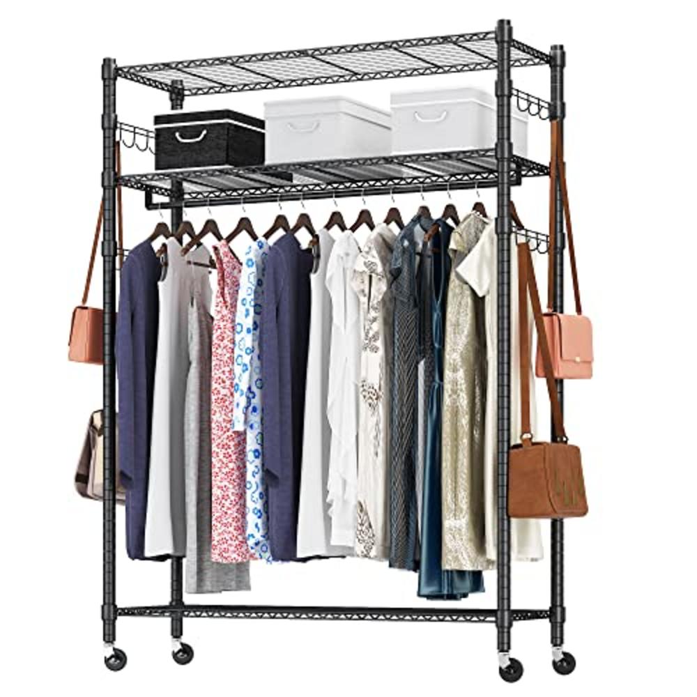 BATHWA Heavy Duty Clothes Rack, Adjustable Rolling Garment Rack with Shelves, Freestanding Wardrobe Rack 1 Clothes Hanging Bar, 3 tired