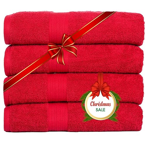 Ample Decor Bath Towel 100% Cotton 30 X 54 Inch 600 GSM Towels Bathroom Soft Light Weight - 4pcs - Christmas Red