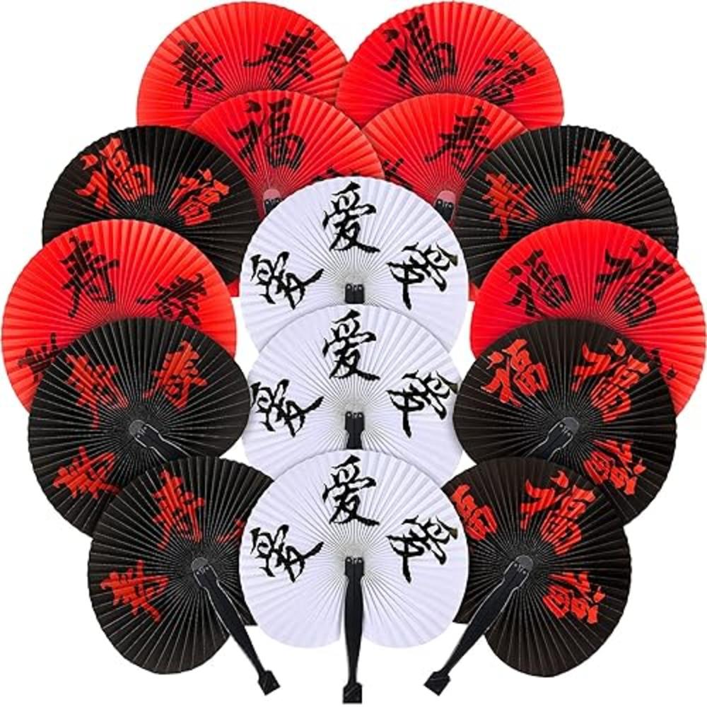 Jetec 15 Pieces Chinese New Year Fans Chinese Character Folding Fan Oriental Handheld Paper Fans Japanese Round Fan for Wedding Birthd