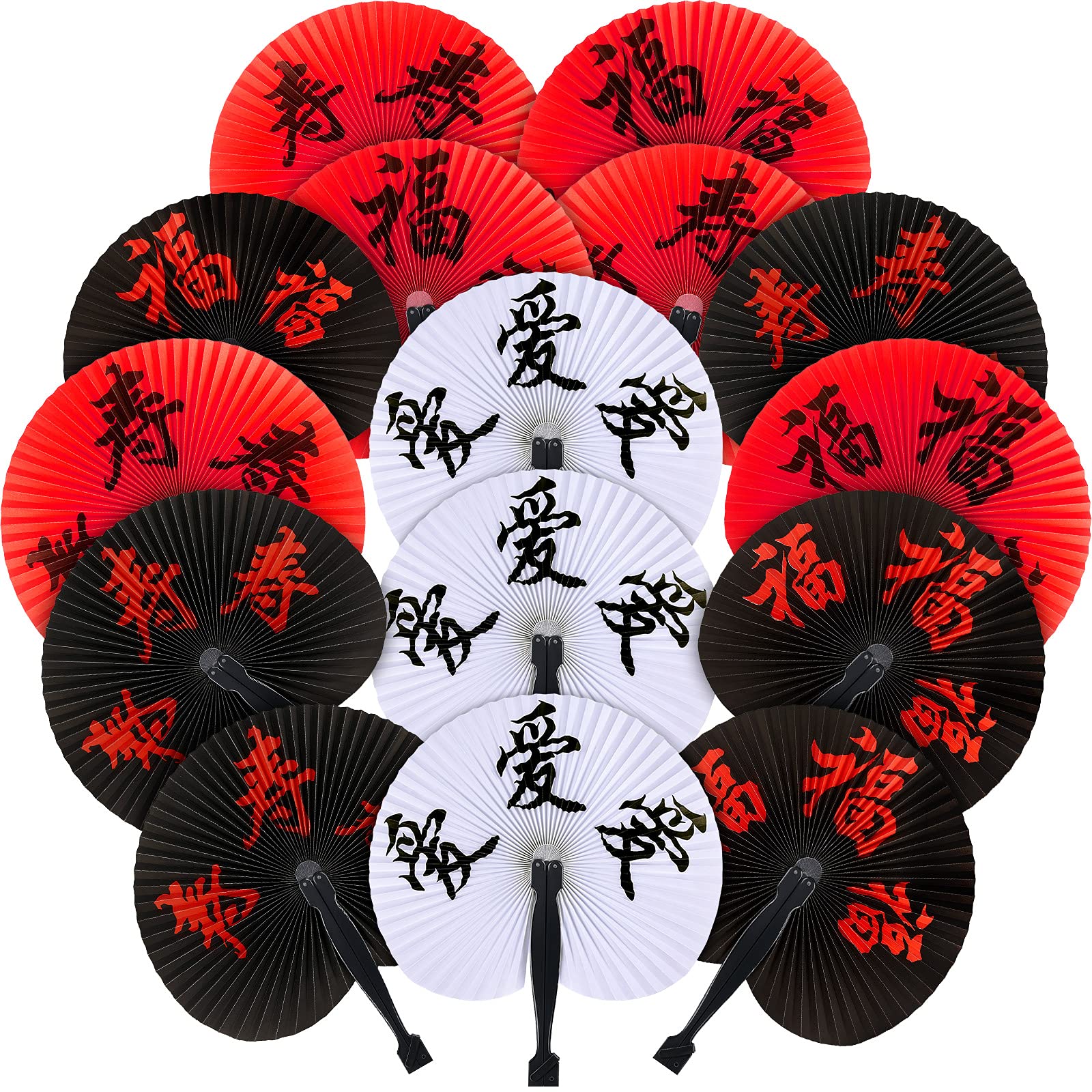 Jetec 15 Pieces Chinese New Year Fans Chinese Character Folding Fan Oriental Handheld Paper Fans Japanese Round Fan for Wedding Birthd