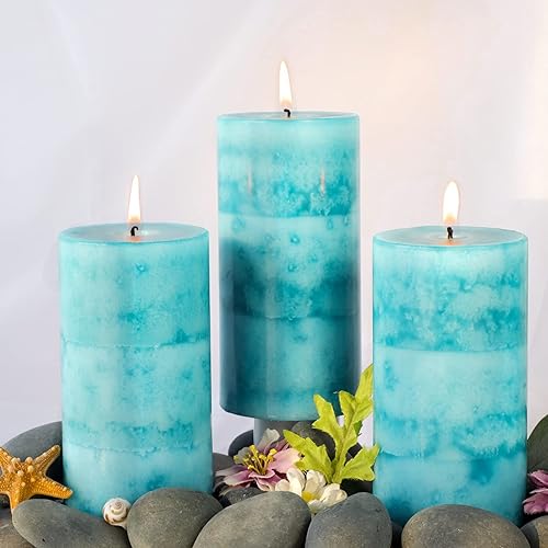 FLAVCHARM Pillar Candles Scented, Ocean Breeze Scented Candles, 3 Pack Teal Candles 3x6 inch Long-Lasting Clean Burning Candles,