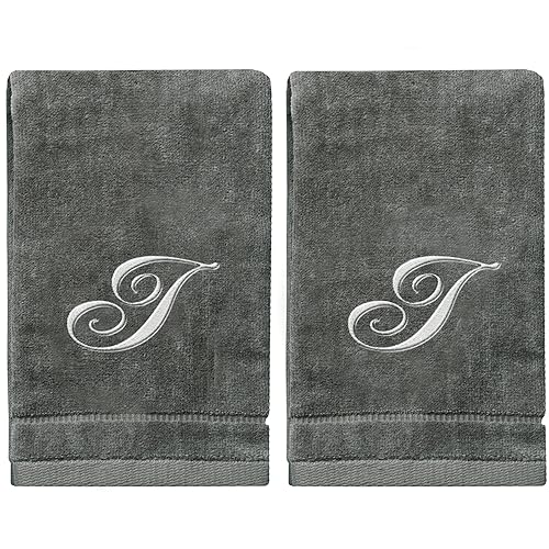 Creative Scents Monogrammed Towels Fingertip, Personalized Gift, 11 x 18 Inches - Set of 2- Silver Embroidered Towel - Extra Absorbent 100% Cott