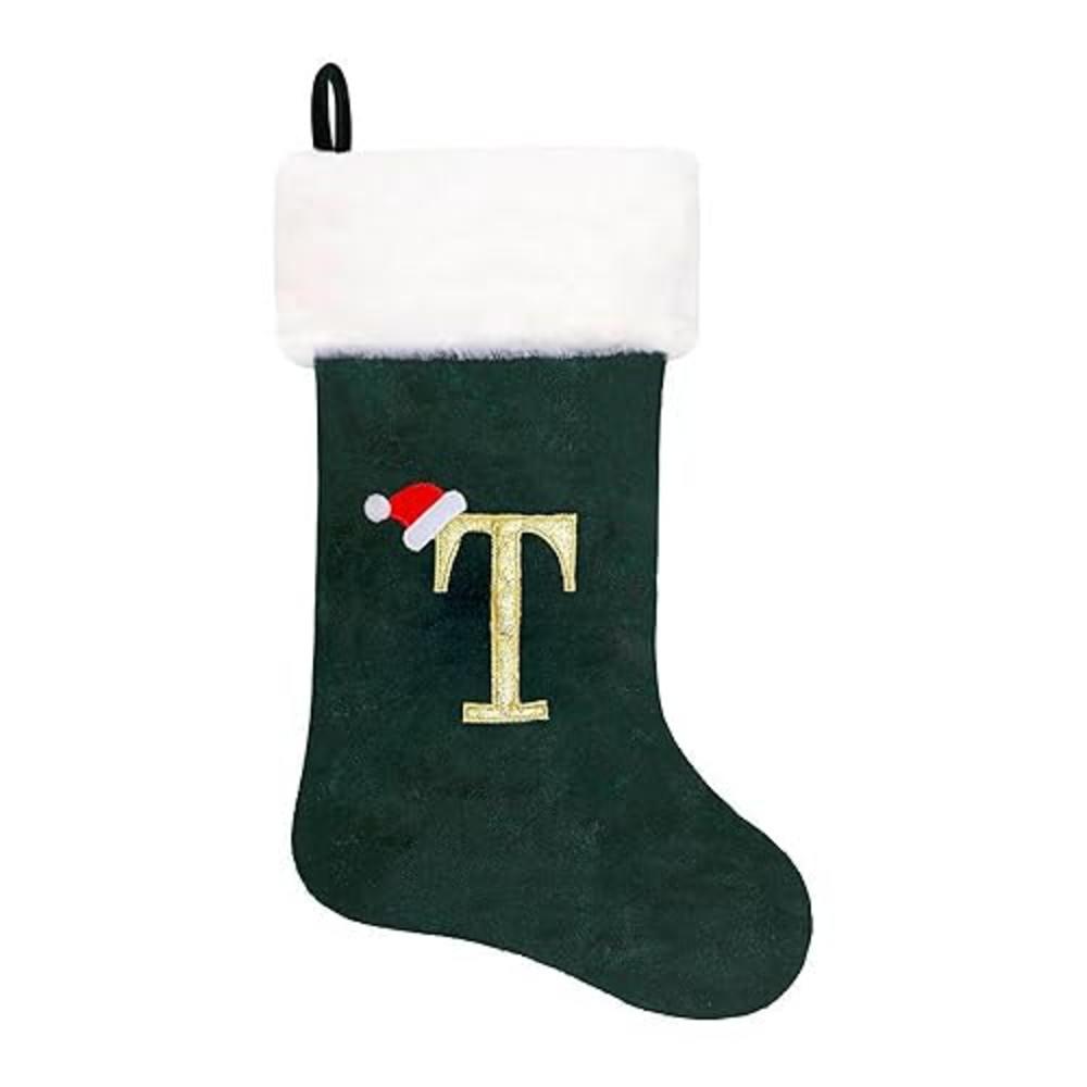 Eoocan 20 Inches Monogram Christmas Stockings Green Velvet with White Super Soft Plush Cuff Embroidered Xmas Stocking Classic Pe
