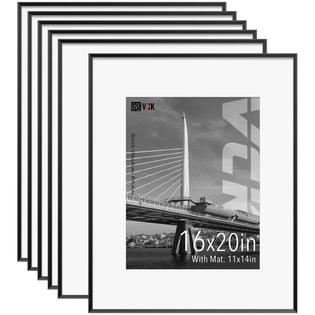 VCK Aluminum Picture Frames 16x20 Black Set of 6, 16 by 20 Inch Photo Frame  with Mat for 11x14 Picture or 16x20 without Mat, Met