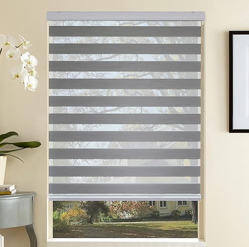 SHECUTE Zebra Blinds for Windows, 34 x 72 Inches Grey Zebra Roller Shades, Light Filtering Room Darkening 50% Blackout Window Tr