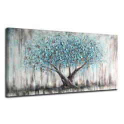 Arjun Tree Wall Art Teal Blue Nature Tree of Life Abstract Canvas Painting Textured Picture, Modern Large Panoramic Landscape Ar