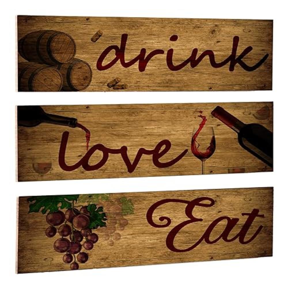 TUMOVO 3 Pieces Red Wine Wall Art Wooden Barrel Wall Plaque Love,Eat,Drink Wood Signs Food Kitchen Decor Fruit Grape Wall Decor Retro W