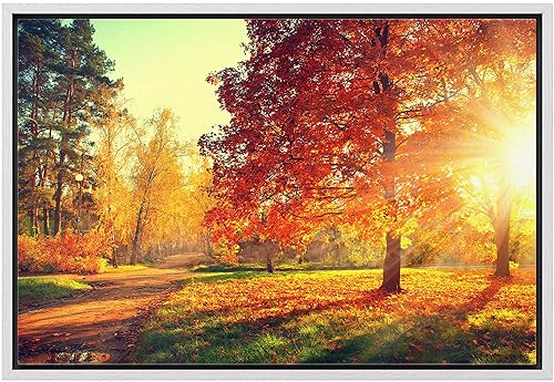 wall26 Framed Canvas Print Wall Art Path Through Red & Orange Autumn Park Nature Wilderness Photography Modern Art Rustic Scenic