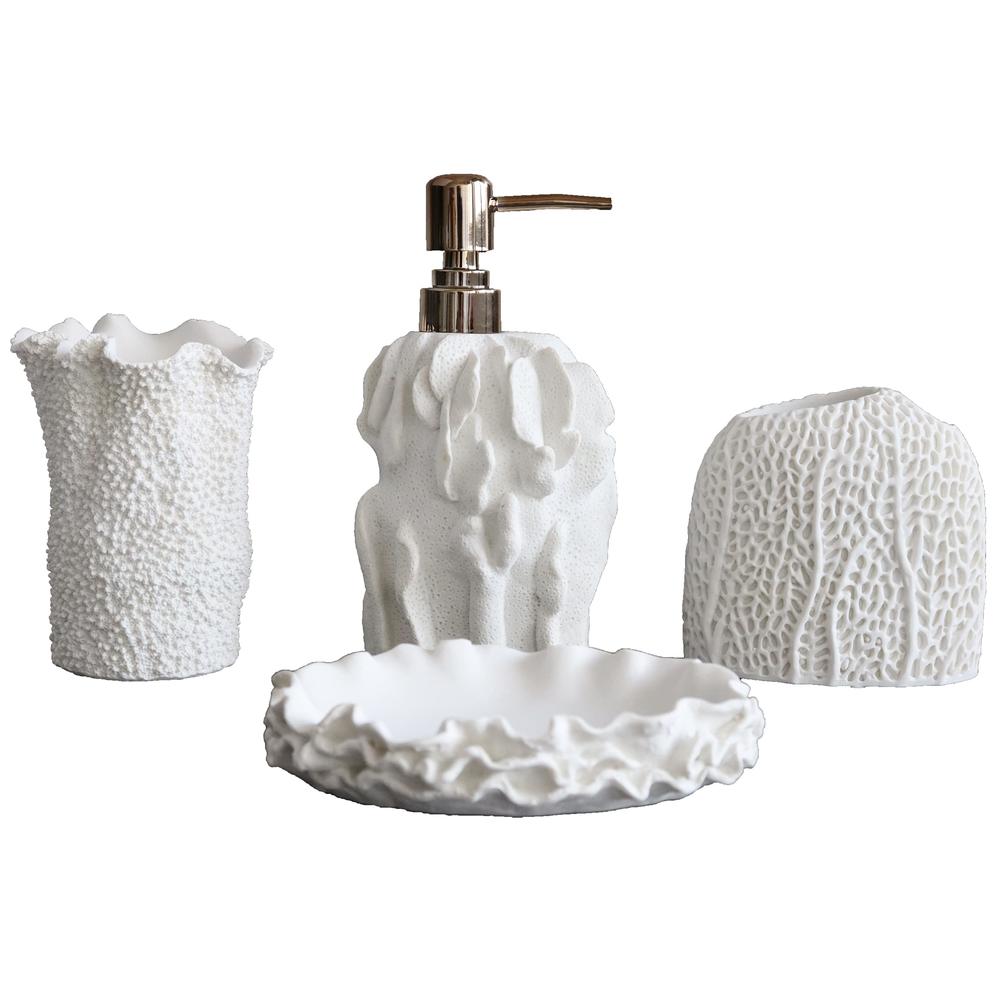 Hymmah Bathroom Accessories Set,Coral Seashell Design Toothbrush Holder,Farmhouse Bathroom Decor,4 Pcs Resin Gift Set Apartment 