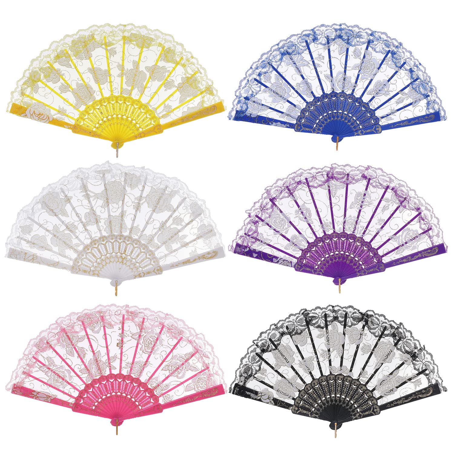 BABEYOND Spanish Fan Folding Fan - 6 Pack Hand Fan Foldable Silk Folding Fan Transparent Lace Handheld Portable Fan