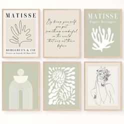 JUJU'S VIBES Sage Green Matisse Wall Art Prints Aesthetic Posters, That Girl Room Decor Neutral Sage Green and Beige Office Wall