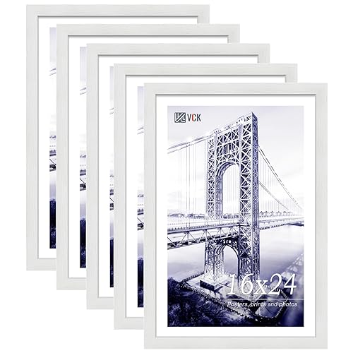 VCK 16x24 Poster Frames Set of 5, White Solid Wood Picture Frame, Textured Exclusive Wall Gallery Frame