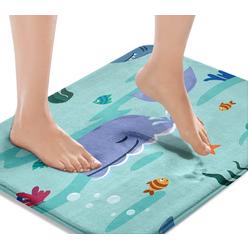 Britimes Blue Bath Mat,Cartoon Whales and Shark Bathroom Rugs No Silp,Cute Kid Washable Cover Floor Rug Carpets Floor Mat 16x24 Inches fo