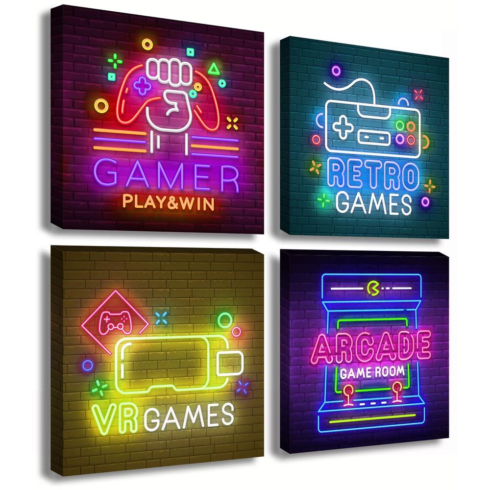BLINFEIRU Game Room Decor Colorful Video Gaming Canvas Wall Art Neon Gamer Wall Decor for Kids Boys Bedroom Teens Playroom 4 Pieces Games 
