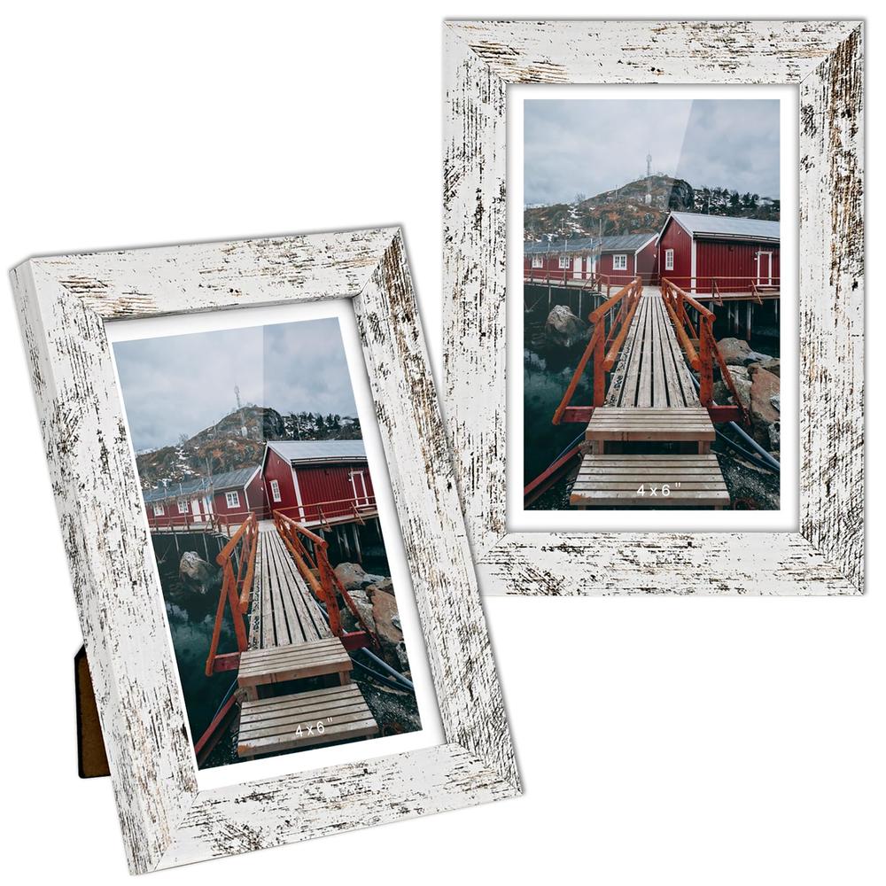 BEYAHELA Rustic Picture Frame 4x6 White - Display Photos 3.5x5.5 with Mat or 4x6 Without Mat Photo Frames -HD Glass Horizontal a