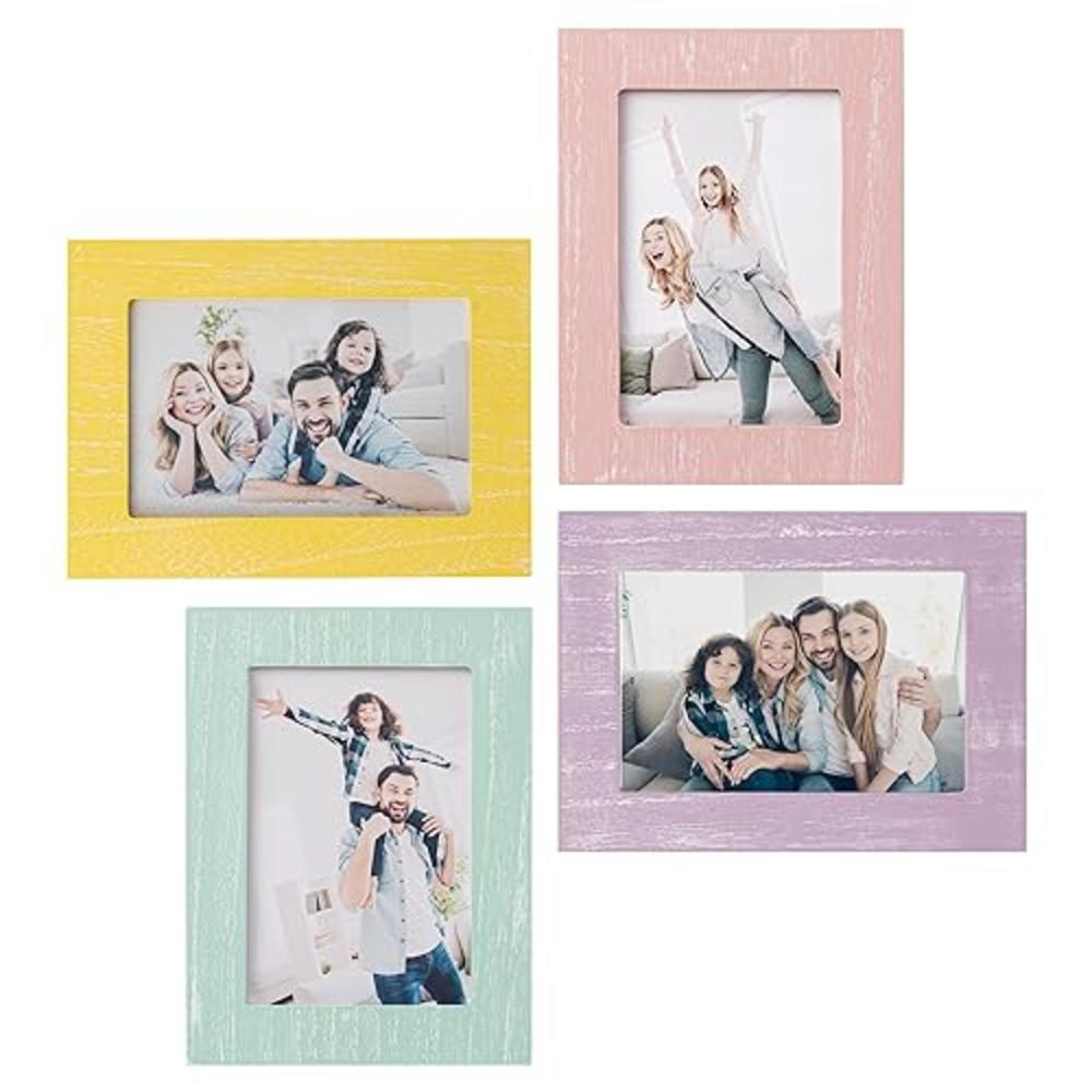 eletecpro 4x6 Picture Frame Set of 4 with HD Glass, Rustic Frame with Wood Pattern Designs, Table Top & Wall Mount Colorful Phot