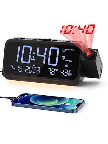 ROCAM Projection Alarm Clock, Digital Clock with 350° Projector on Ceiling Wall, Dual Loud Alarm Clocks for bedrooms with Weekda