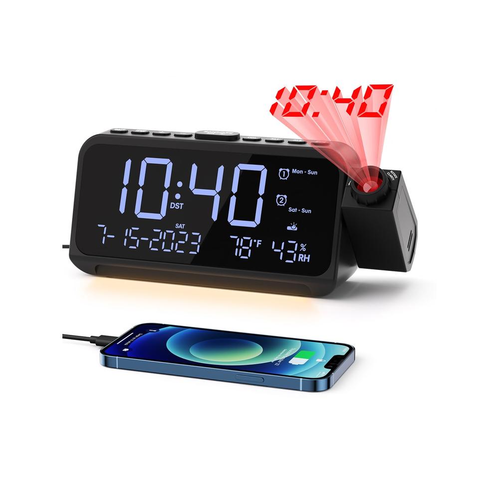 ROCAM Projection Alarm Clock, Digital Clock with 350° Projector on Ceiling Wall, Dual Loud Alarm Clocks for bedrooms with Weekda