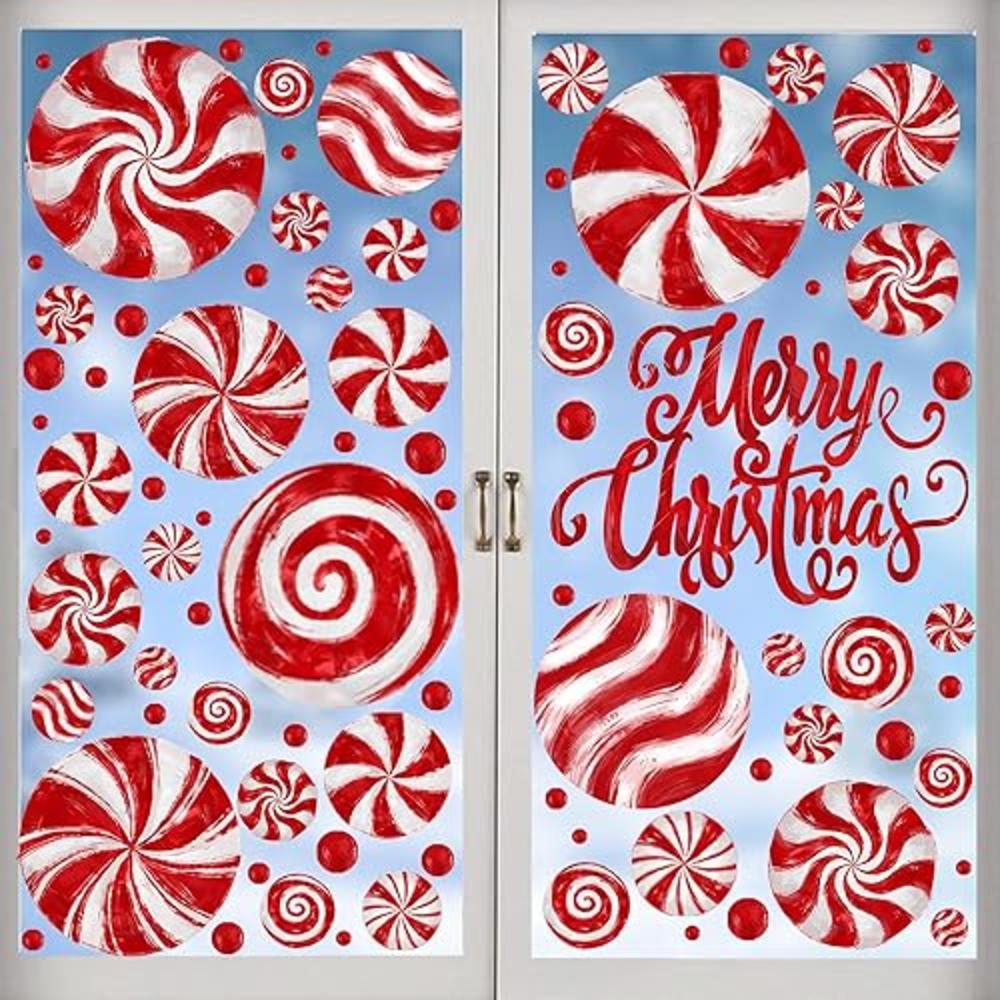DULEFUN 8 Sheets Christmas Window Clings, Candy Window Decals Oil Painting Christmas Red Candy Stickers for Xmas Home Office Sch