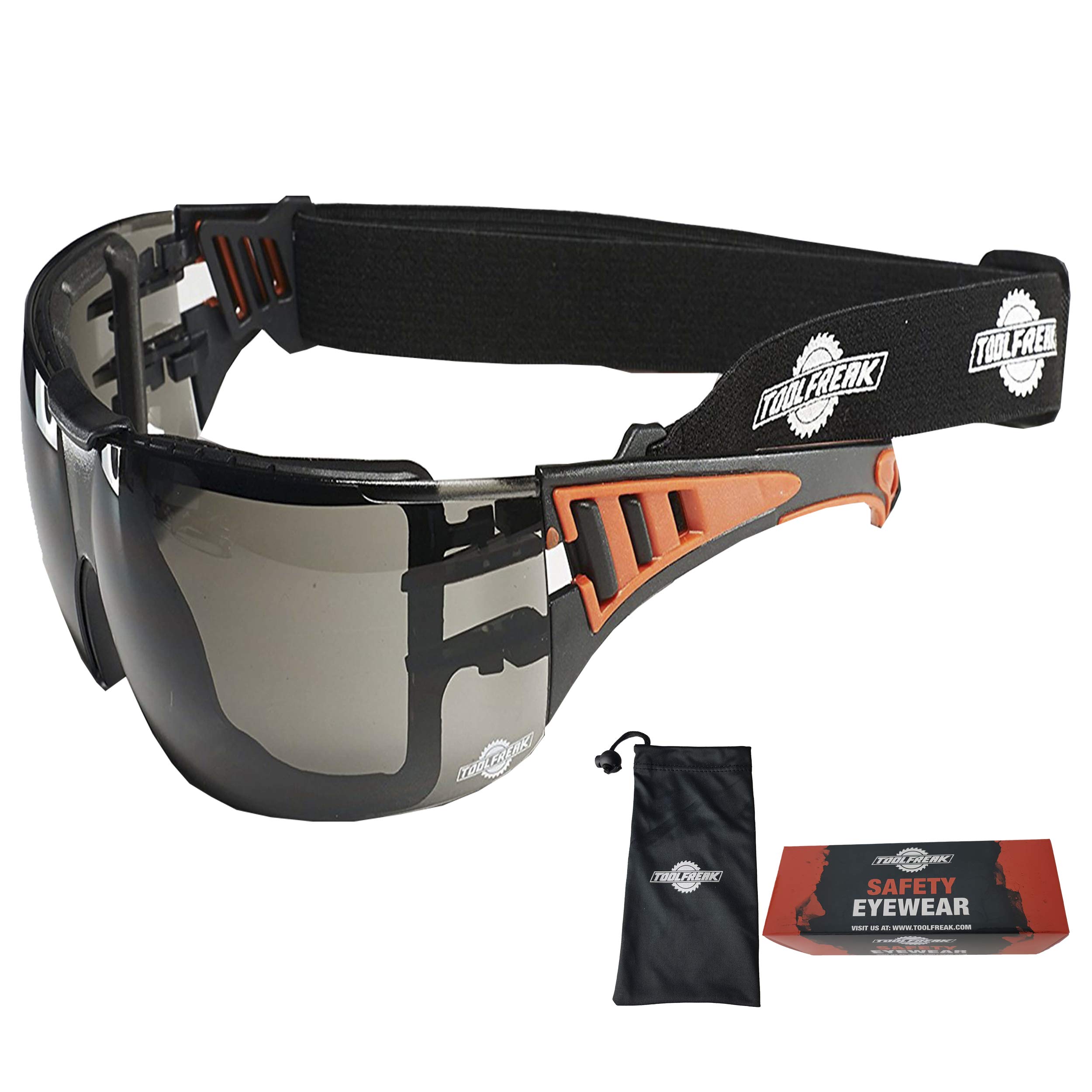 ToolFreak Rip Out Safety Glasses, Wraparound Smoke Tinted Polycarbonate Lens, Foam Padded, Impact and UV Rating, Headstrap and C