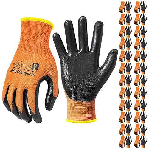 MANUSAGE Safety Work Gloves, Nylon Seamless Knit Glove with Nitrile Palm Coated Smooth Grip, Knit Wrist Cuff (Size XXL, Orange, 