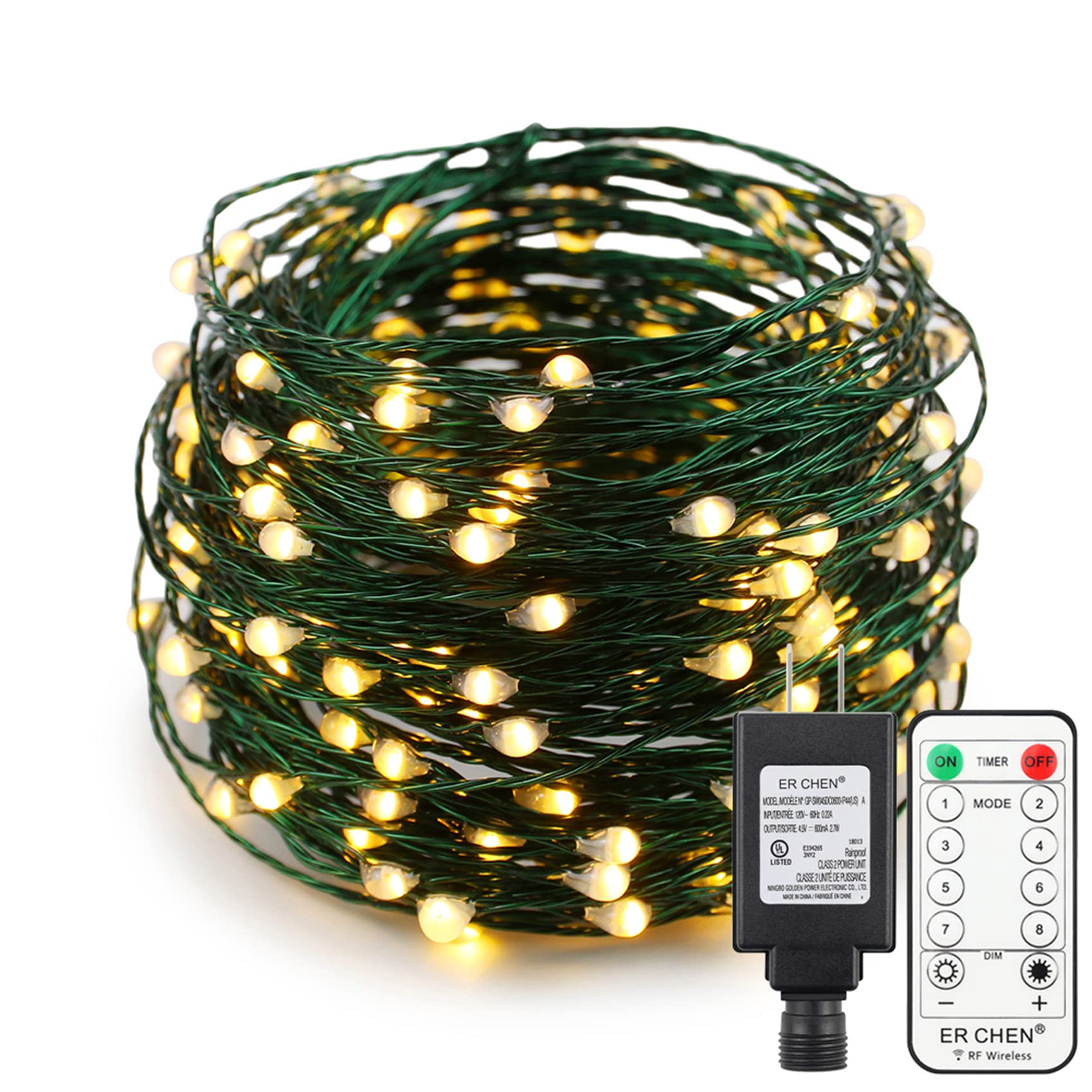 ER CHEN 66ft Led String Lights, 200 Led Starry Lights on 20M Green Copper Wire String Lights Power Adapter + Remote Control(Warm