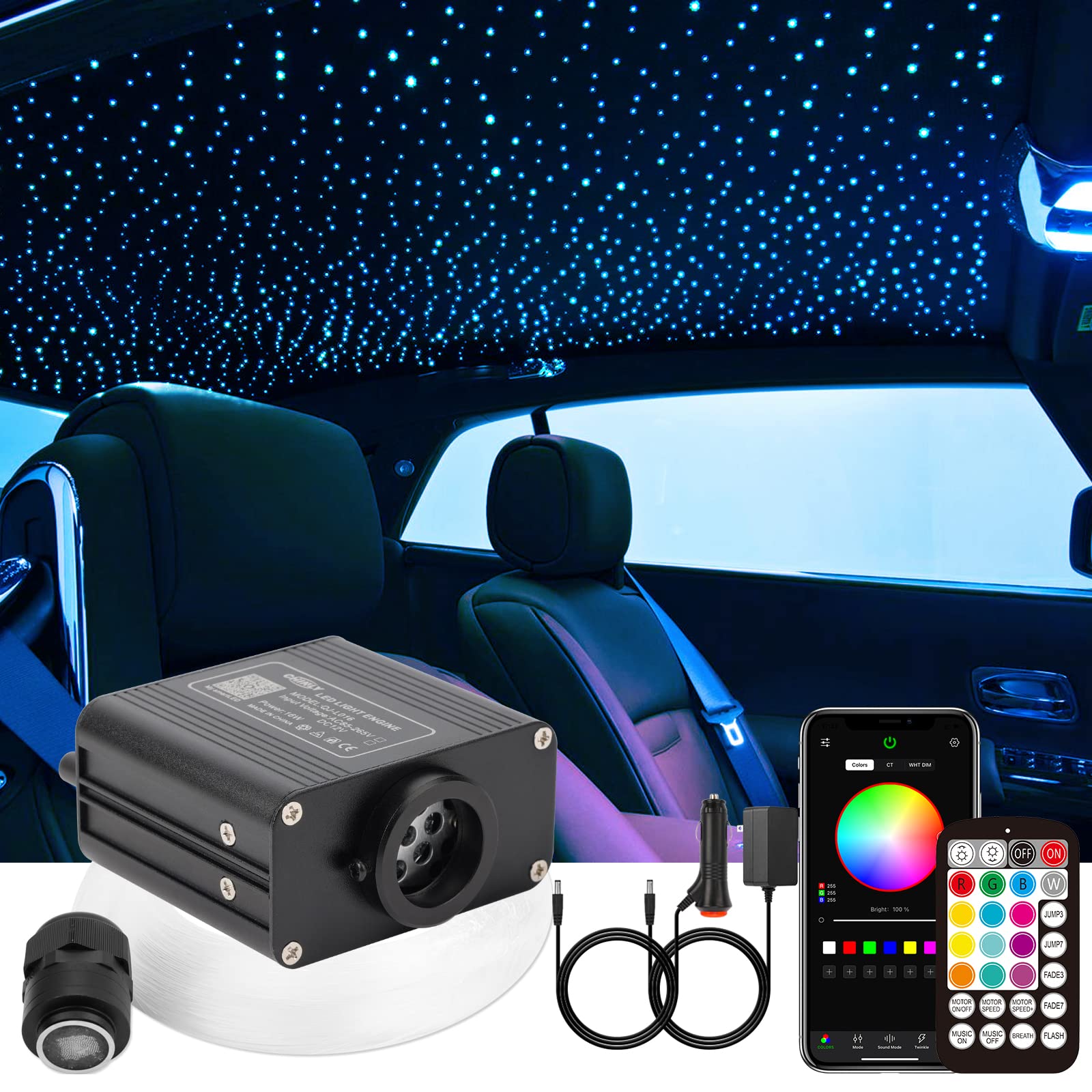 CHINLY Twinkle 400pcs 9.8ft (0.03in+0.04in+0.06in) Fiber Optic Lights Starlight Headliner kit, Music Mode Bluetooth APP Control 