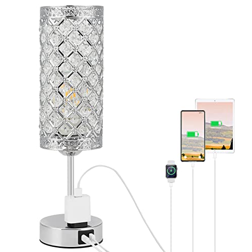 MeHiMe Touch Control Crystal Table Lamp,Bedside Lamp with USB A+C Charging Ports &Multiple Outlet 3-Way Dimmable Silver Nightstand Lamp