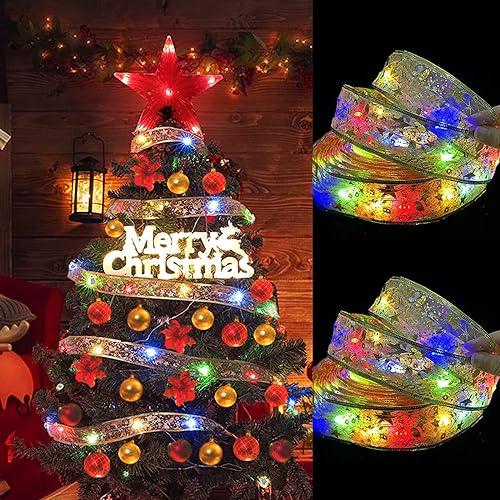 MAYACE Christmas Ribbon Lights, 26 Ft Christmas Lights Christmas Ribbon Fairy Lights Christmas Decorations Double Layer Copper Strings 