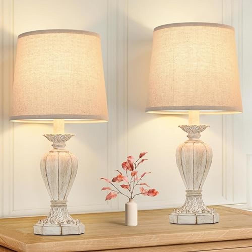 Bosceos Table Lamps for Bedrooms Set of 2, Farmhouse Table Lamps with Cream Fabric Shade, Traditional Carved Floral Resin Bedside Table 