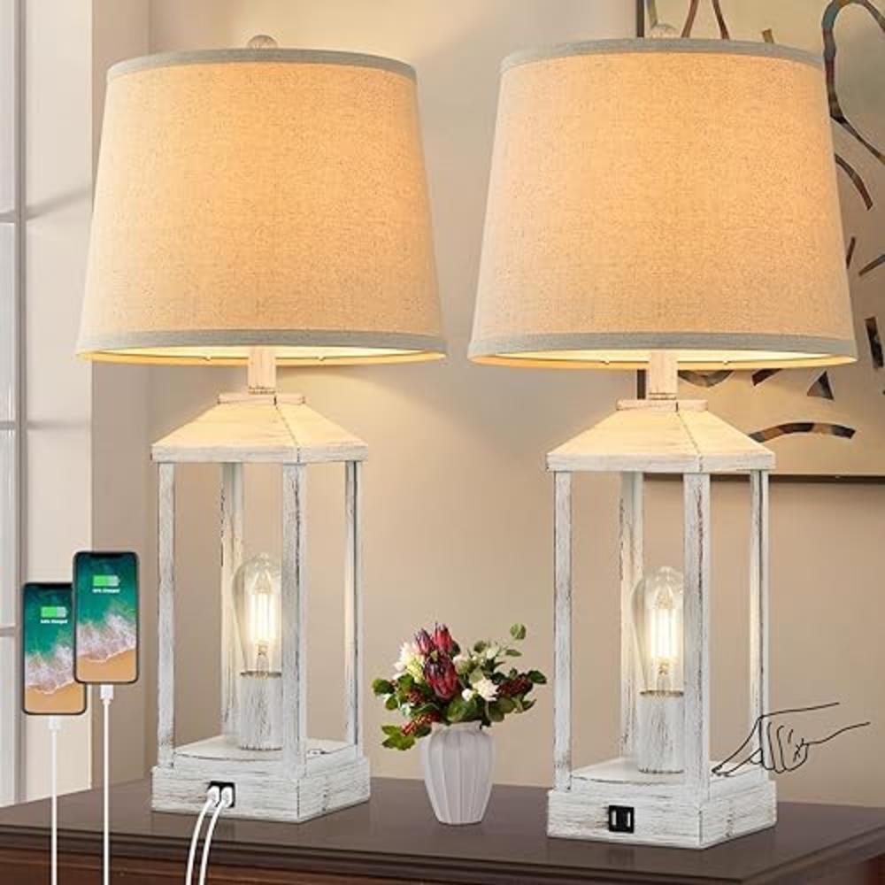 Brightever 27.5" Farmhouse Table Lamps Set of 2 with USB Ports, 3-Way Dimmable Touch Control Besides Lamp with 2 Light, Rustic Nightstand L