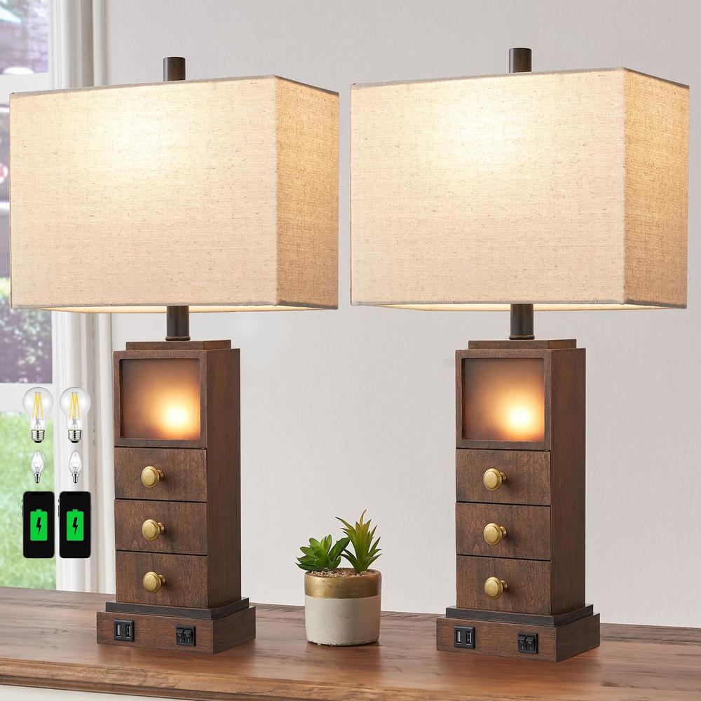 RORIANO Farmhouse Rustic Table Lamps Set of 2 for Living Room Bedroom, Modern Lamp with Dual USB Ports, Vintage Nightlight Bedside Night