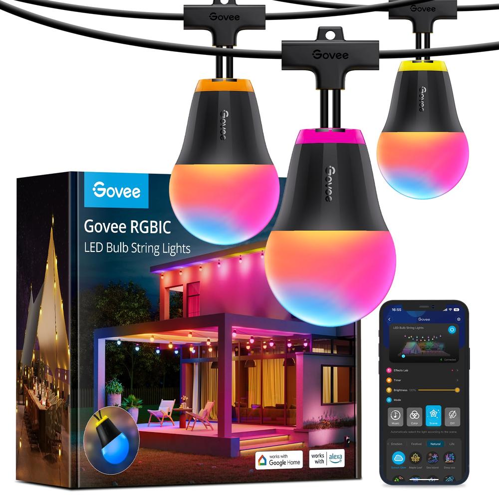Govee Outdoor String Lights H1, 50ft RGBIC Outdoor Lights with 15 Dimmable Warm White LED Bulbs, Smart Outdoor Lights with 60 Sc