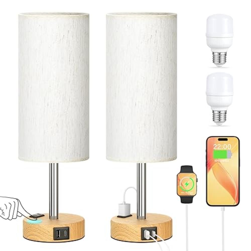PartageiZ Touch Bedside Table Lamps Set - 3 Way Dimmable Bedroom Lamps Set of 2 with USB C and A Ports, Small Lamps for Nightstand with AC