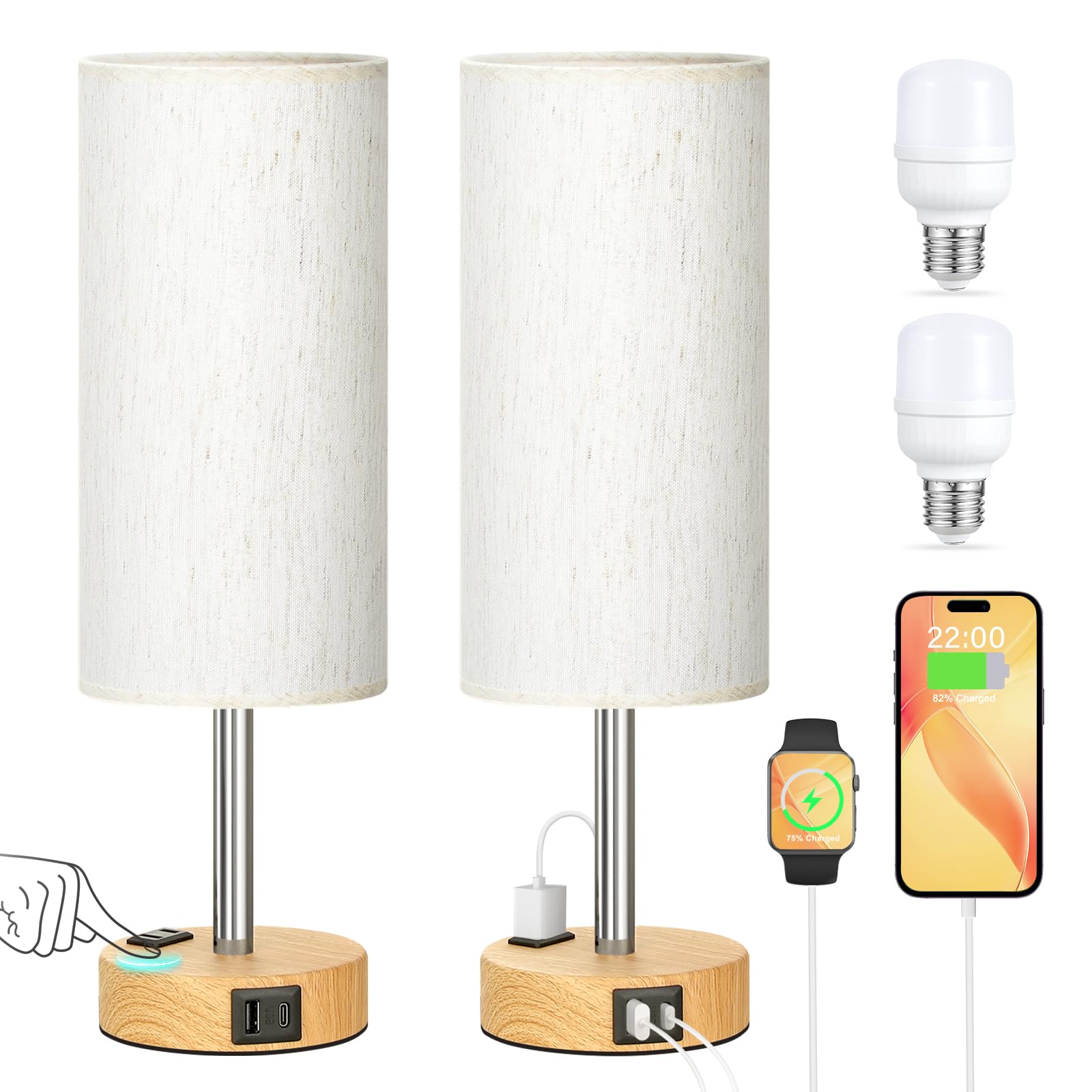 PartageiZ Touch Bedside Table Lamps Set - 3 Way Dimmable Bedroom Lamps Set of 2 with USB C and A Ports, Small Lamps for Nightstand with AC