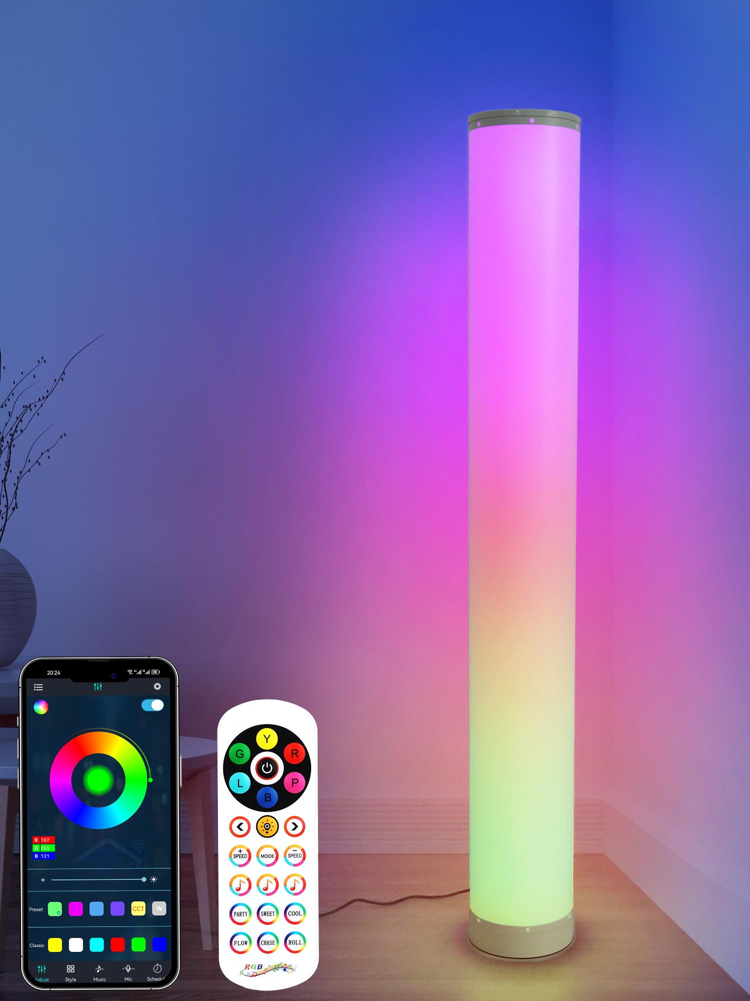 BrizLabs Smart Christmas Floor Lamp, Color Changing LED Lamp with Bluetooth APP & Remote, Dimmable Xmas Corner Mood Standing Flo