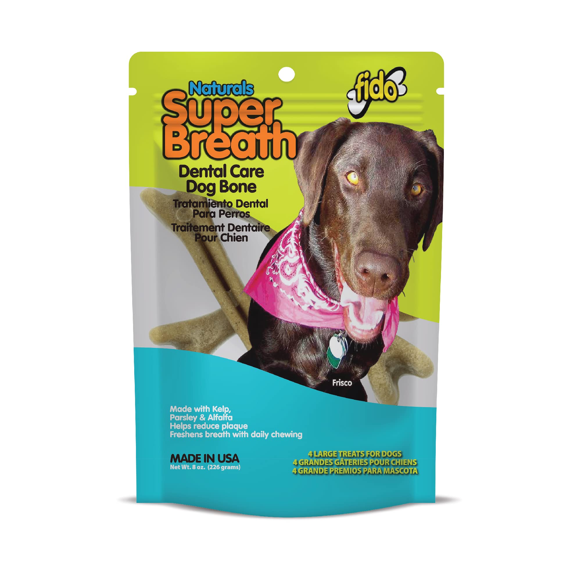 FIDO NATURALS Fido Super Breath Dental Care Bones for Dogs - 4 Count Large Dog Dental Treats for Large Dogs (Made in USA) - Tasty Dog Dental C