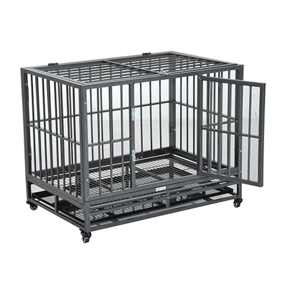 PawHut 36" Heavy Duty Dog Crate Metal Cage Kennel with Lockable Wheels, Double Door and Removable Tray, Grey