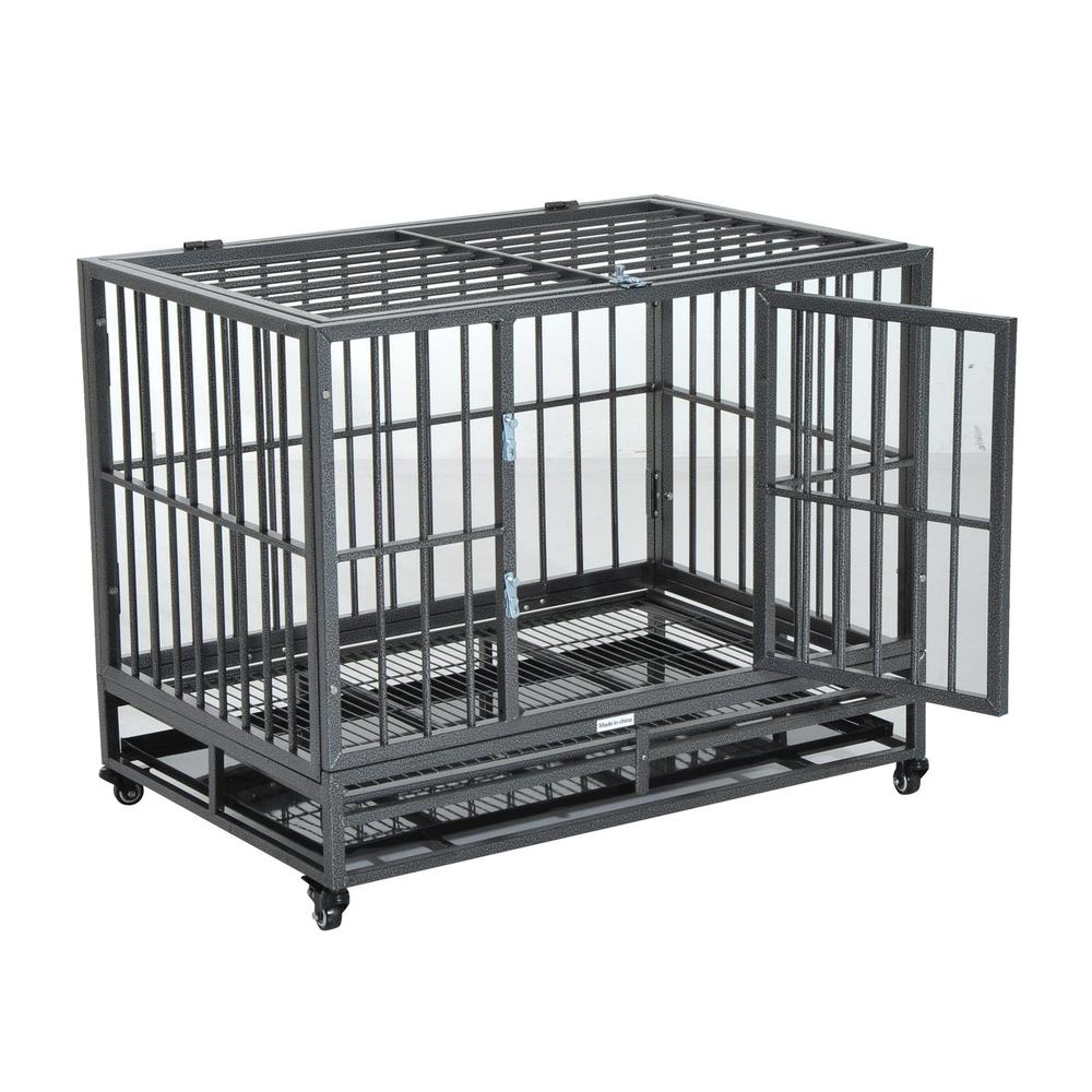PawHut 36" Heavy Duty Dog Crate Metal Cage Kennel with Lockable Wheels, Double Door and Removable Tray, Grey