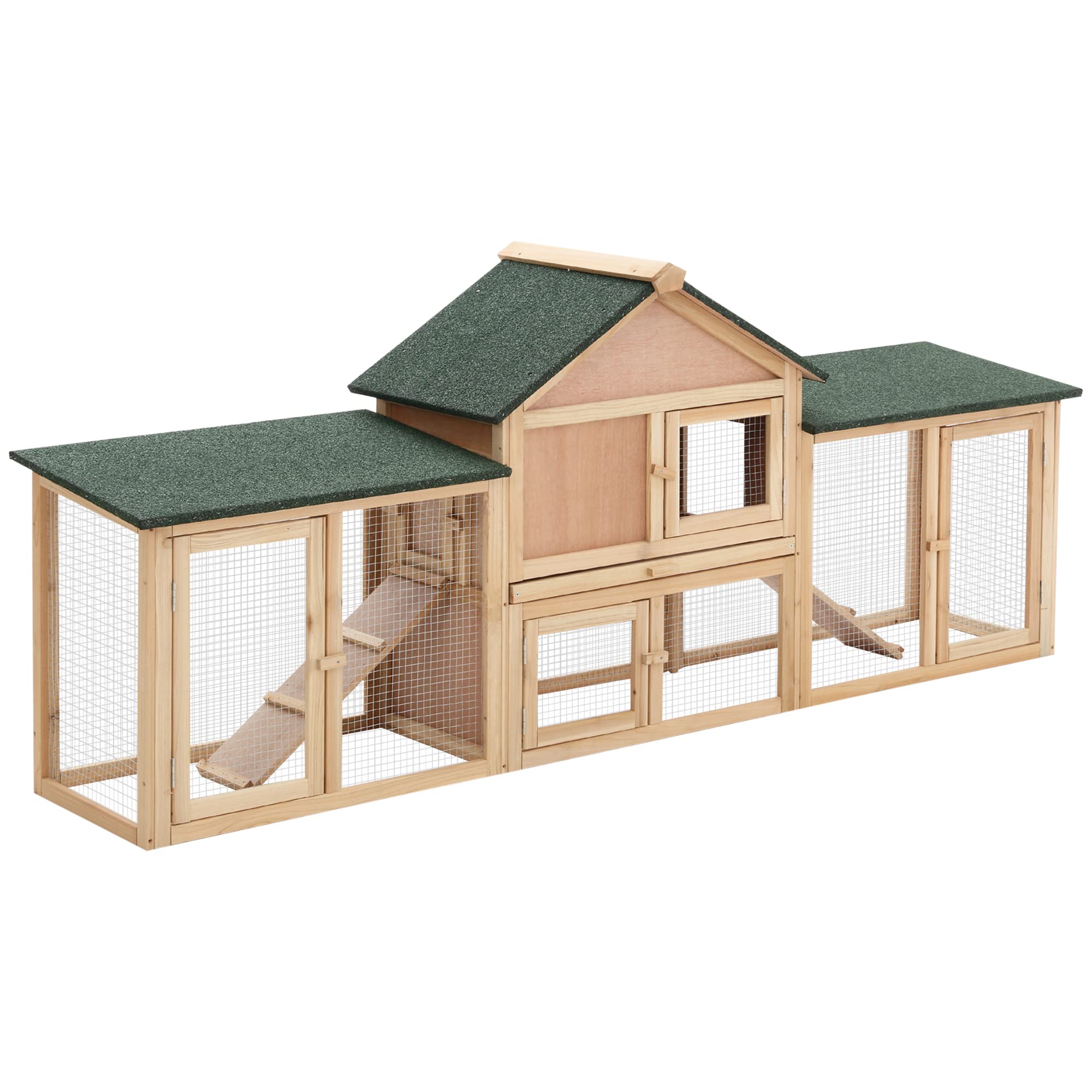 PawHut 83" L Outdoor Rabbit Hutch, Guinea Pig Cage Indoor Outdoor Wooden Bunny Hutch with Double Runs, Weatherproof Roof, Remova