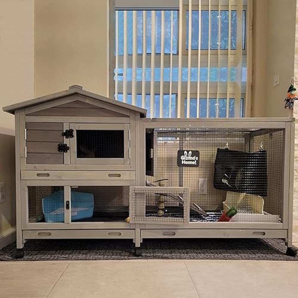 GUTINNEEN Bunny Cage Indoor and Outdoor Rabbit Hutch with Casters Waterproof Roof, Pull Out Tray from Back and Front
