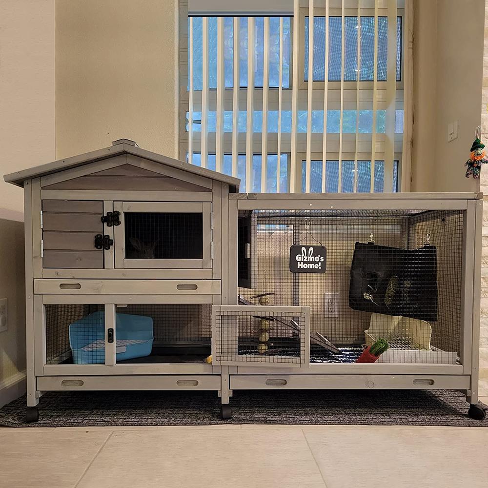 GUTINNEEN Bunny Cage Indoor and Outdoor Rabbit Hutch with Casters Waterproof Roof, Pull Out Tray from Back and Front