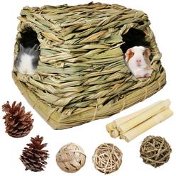PINVNBY Guinea Pig Grass House with Chew Toys Little Rabbit Natural Hideout Small Pet Grass Hut with Play Toys for Bunny Hamster